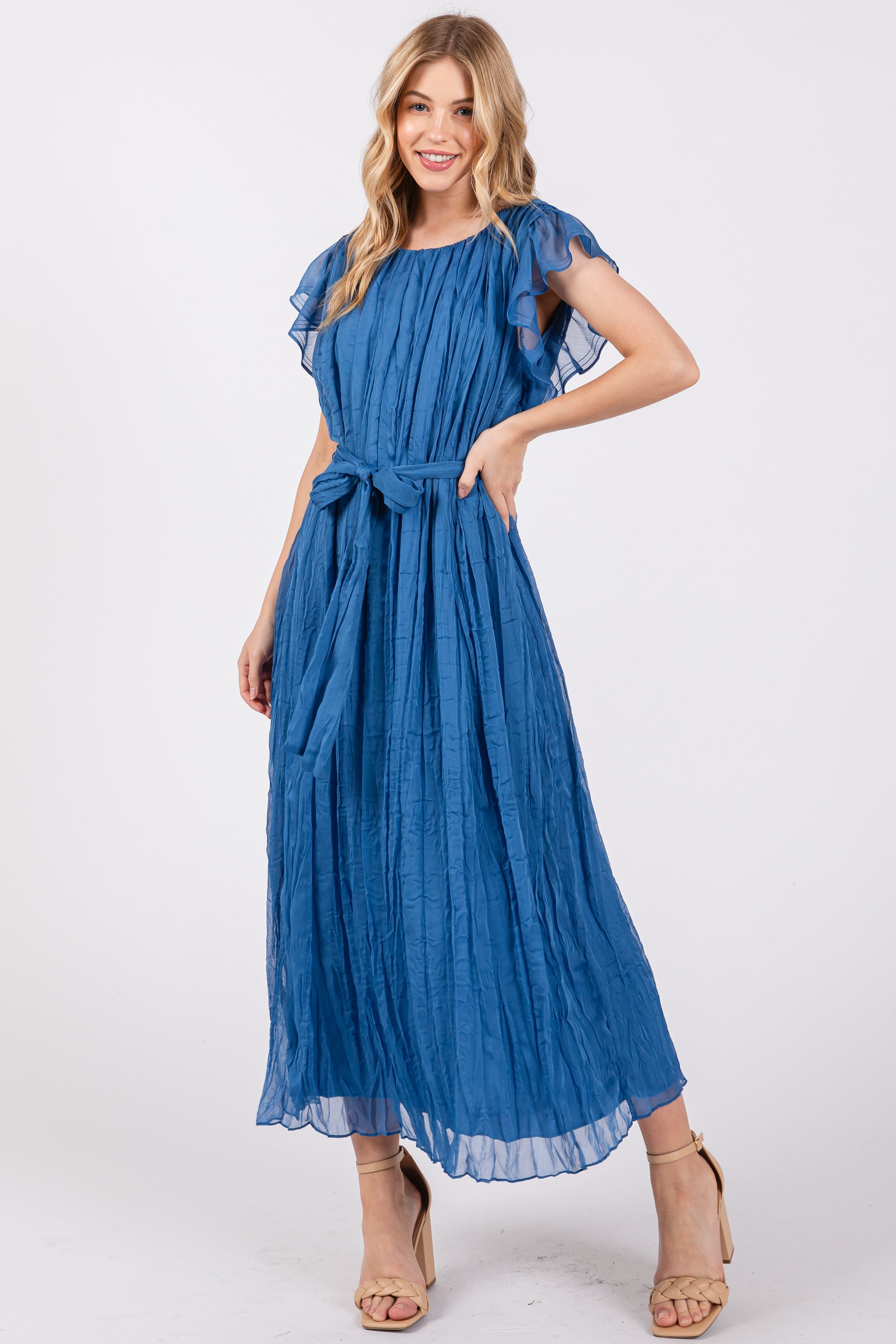 Blue Short Sleeve Crinkle Self Tie Dress PinkBlush