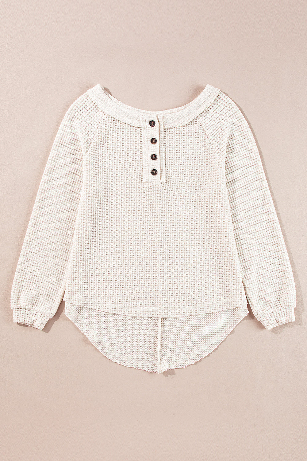 Cozy oatmeal waffle knit blouse with buttoned front and raglan sleeves