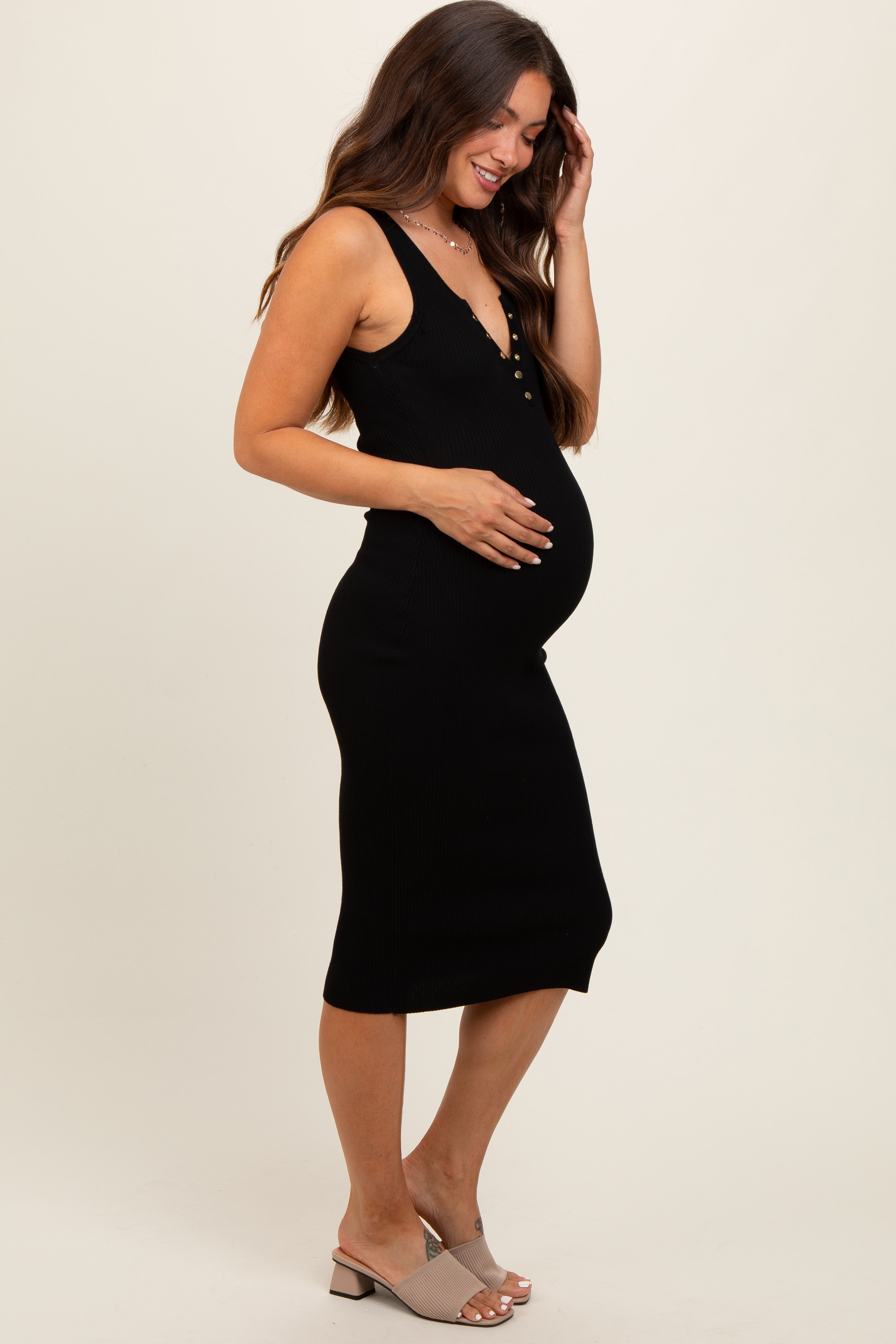 Black Ribbed Fitted Sleeveless Snap Button Maternity Dress PinkBlush