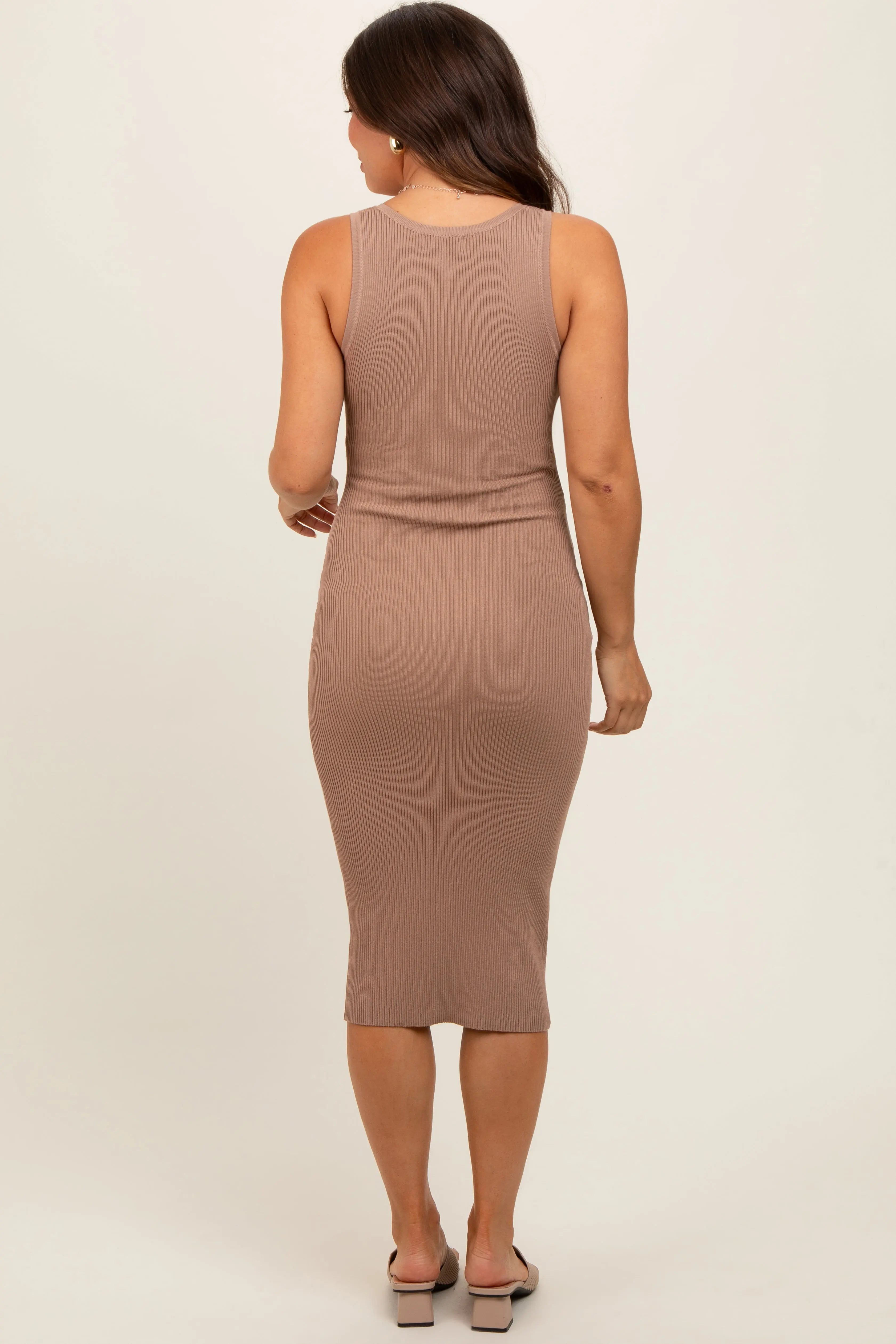 Mocha Ribbed Fitted Sleeveless Snap Button Maternity Dress PinkBlush