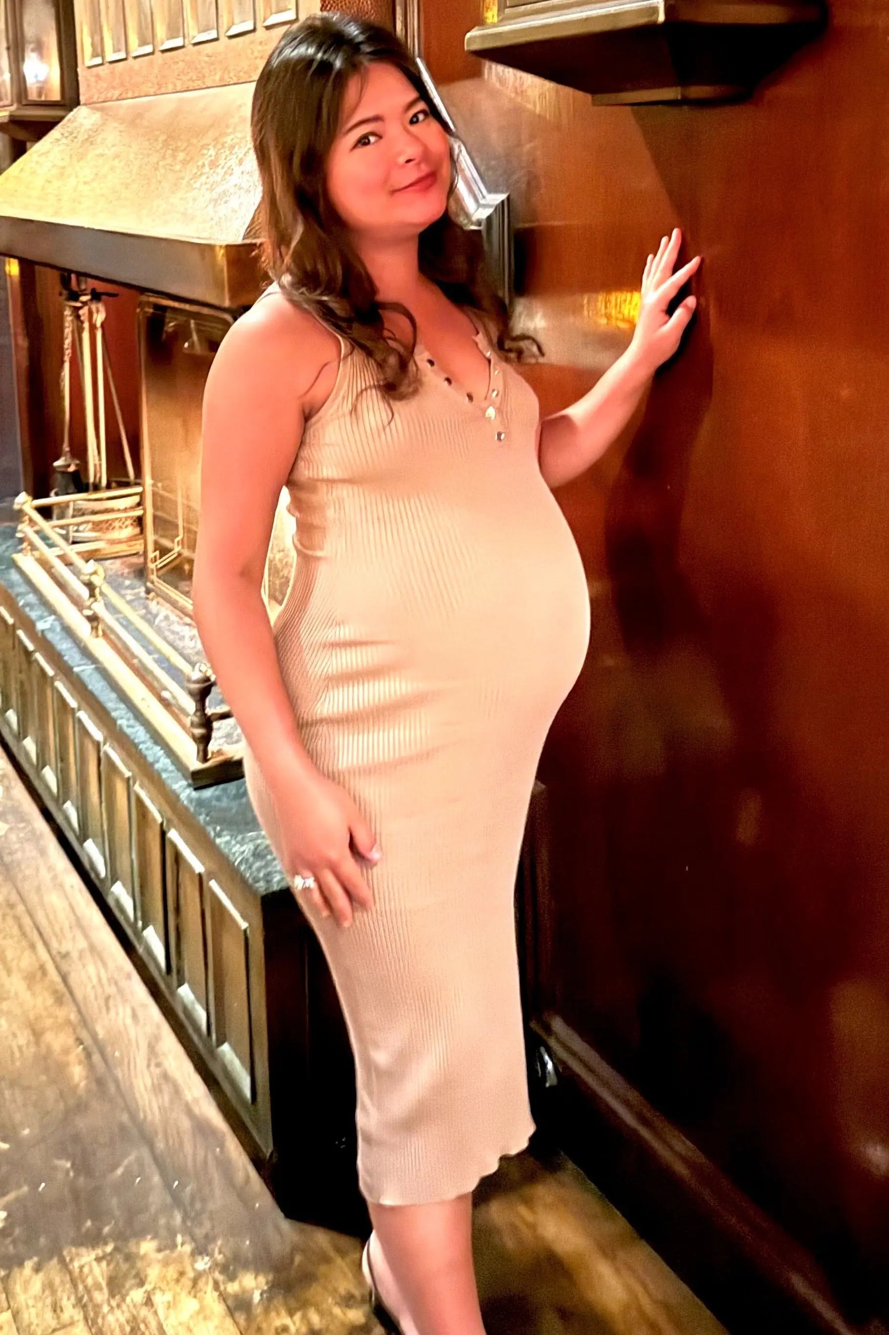 Mocha Ribbed Fitted Sleeveless Snap Button Maternity Dress PinkBlush