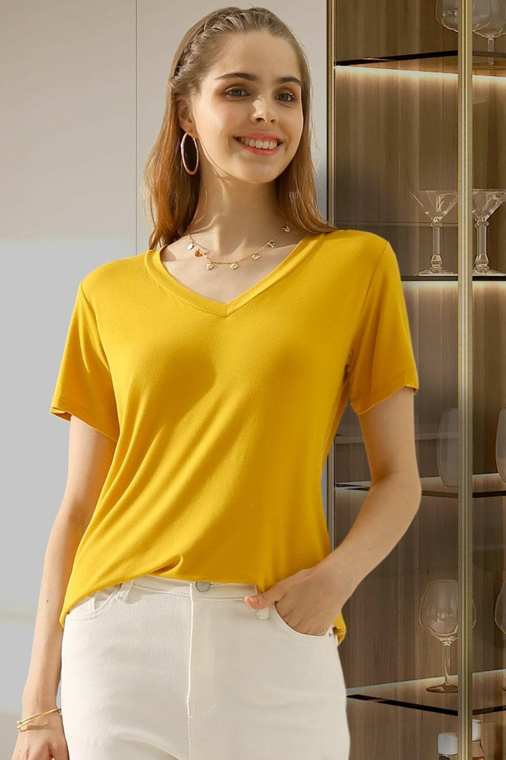 Ninexis Full Size V-Neck Short Sleeve T-Shirt.