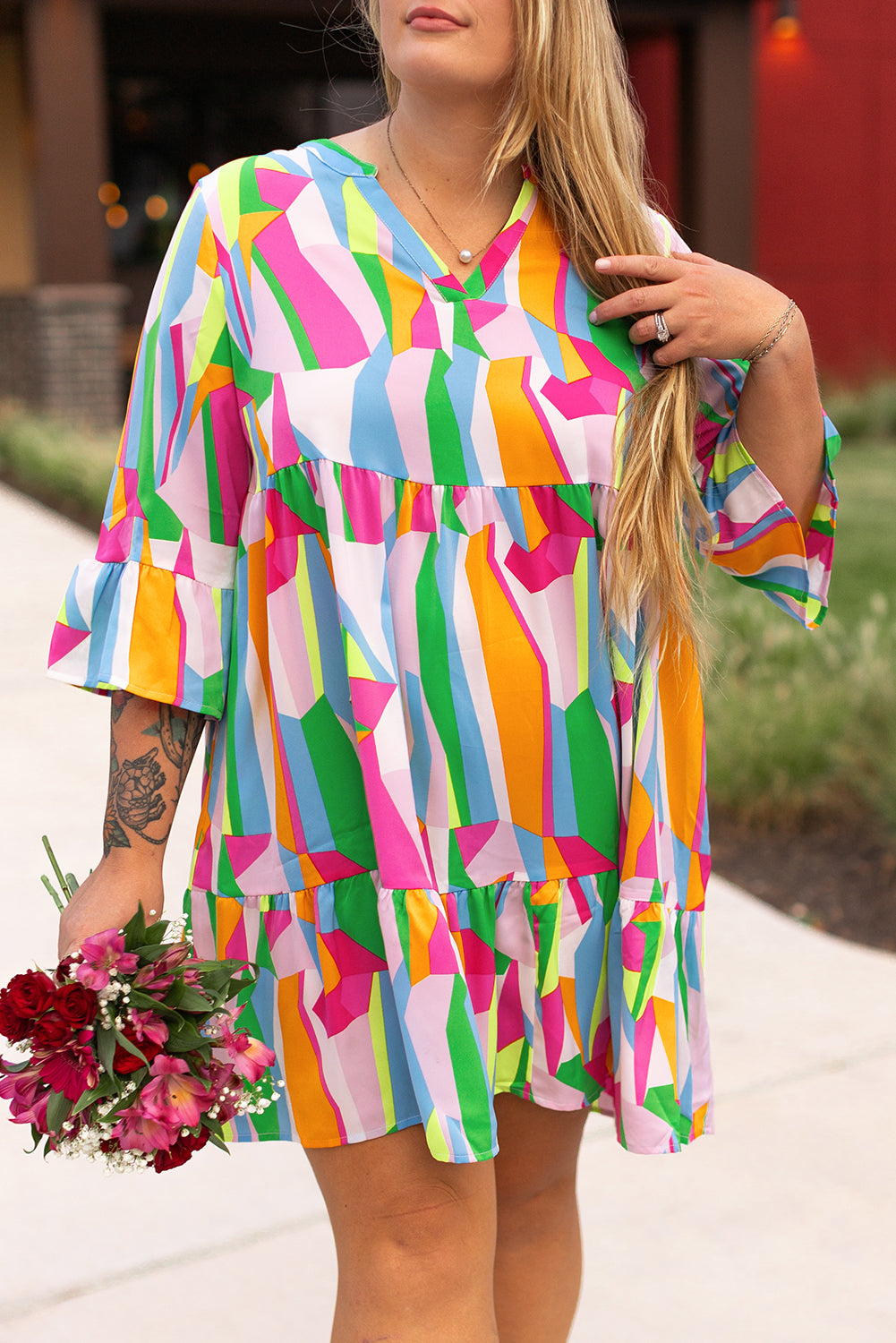 Vibrant multicolour plus size abstract print tiered mini dress with ruffles