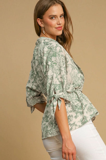 Nature-Inspired Green Print 3/4 Sleeve Sash Shirt