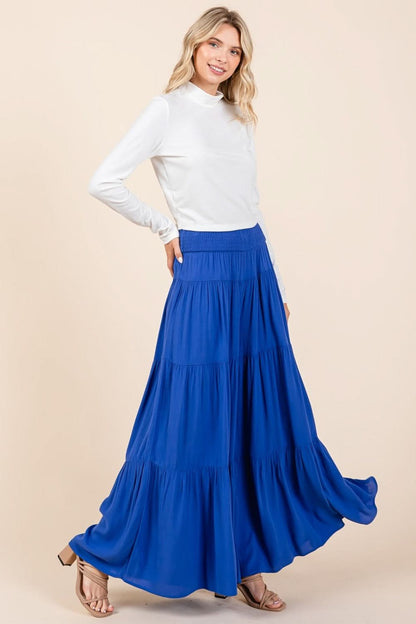 Elegant Tiered Wide Leg Smocked Pants with Elastic Waist and Pockets