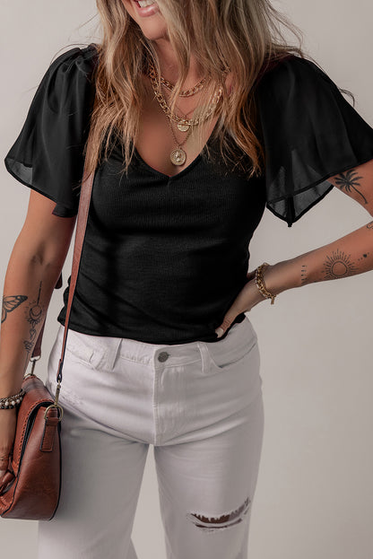 Black Mesh Ruffled Sleeve Slim Fit V Neck Top for Women