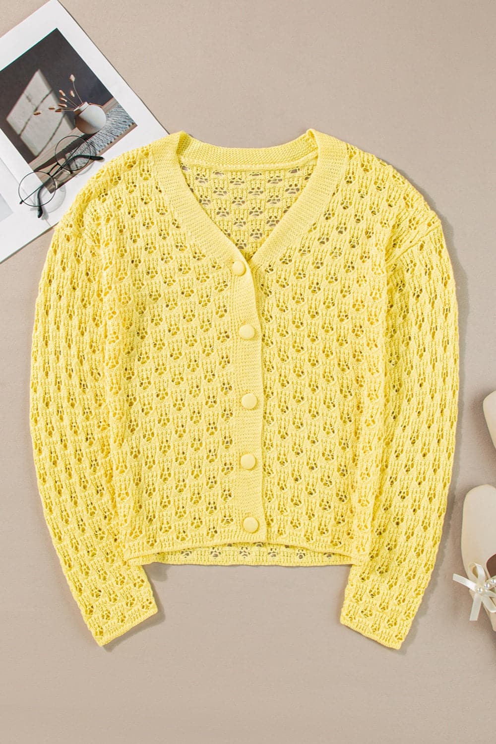 Openwork V-Neck Long Sleeve Cardigan.