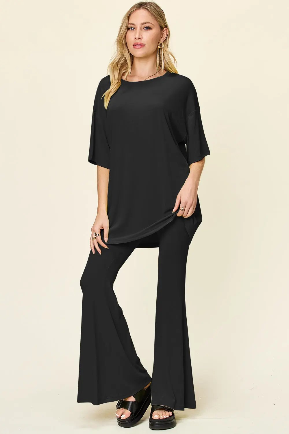 Double Take Full Size Round Neck Drop Shoulder T-Shirt and Flare Pants Set - Love Salve