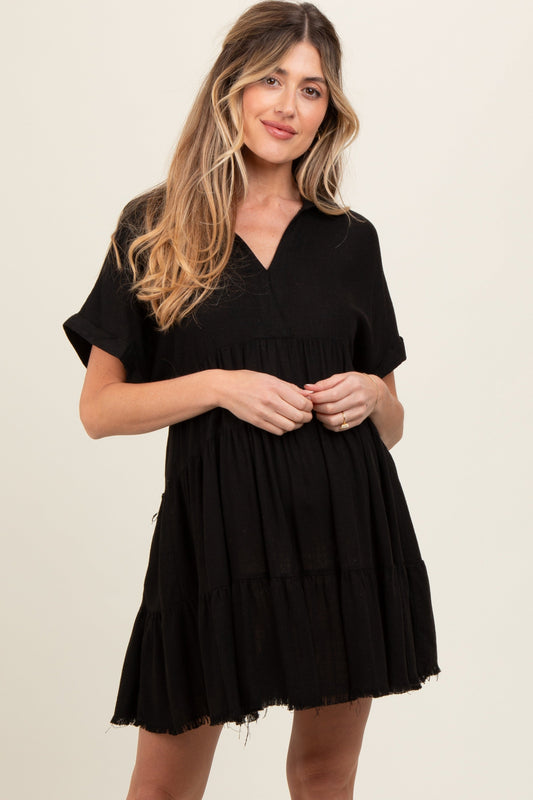 Black Tiered Linen Maternity Dress PinkBlush