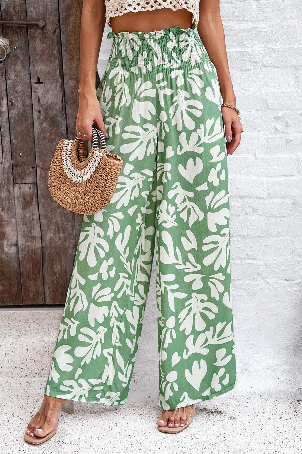 Smocked Printed Wide Leg Pants with Pockets.