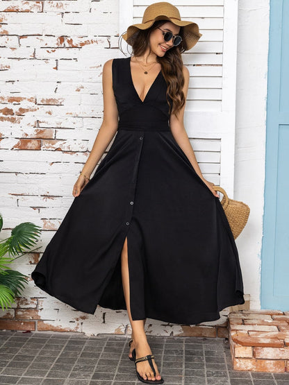 Full Size Slit V-Neck Sleeveless Midi Dress.