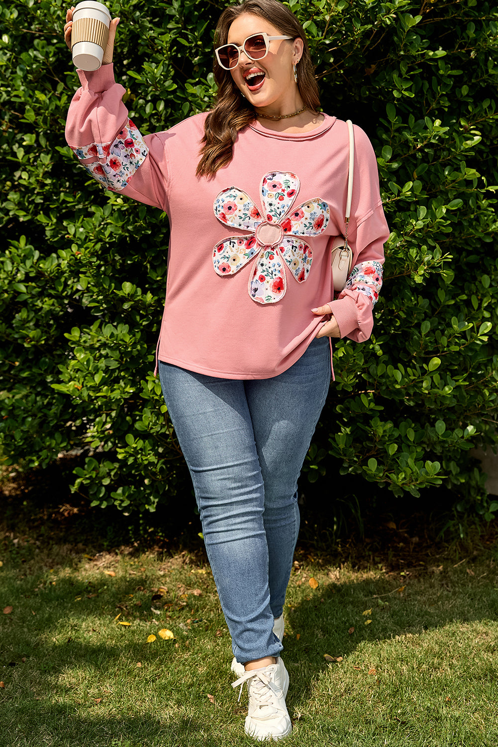 Peach Blossom Plus Size Floral Applique Sweatshirt Top Dear-Lover Dropshipping