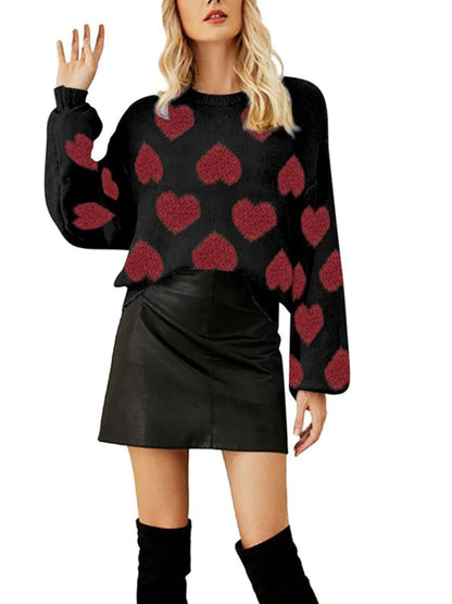 Heart Round Neck Dropped Shoulder Sweater.