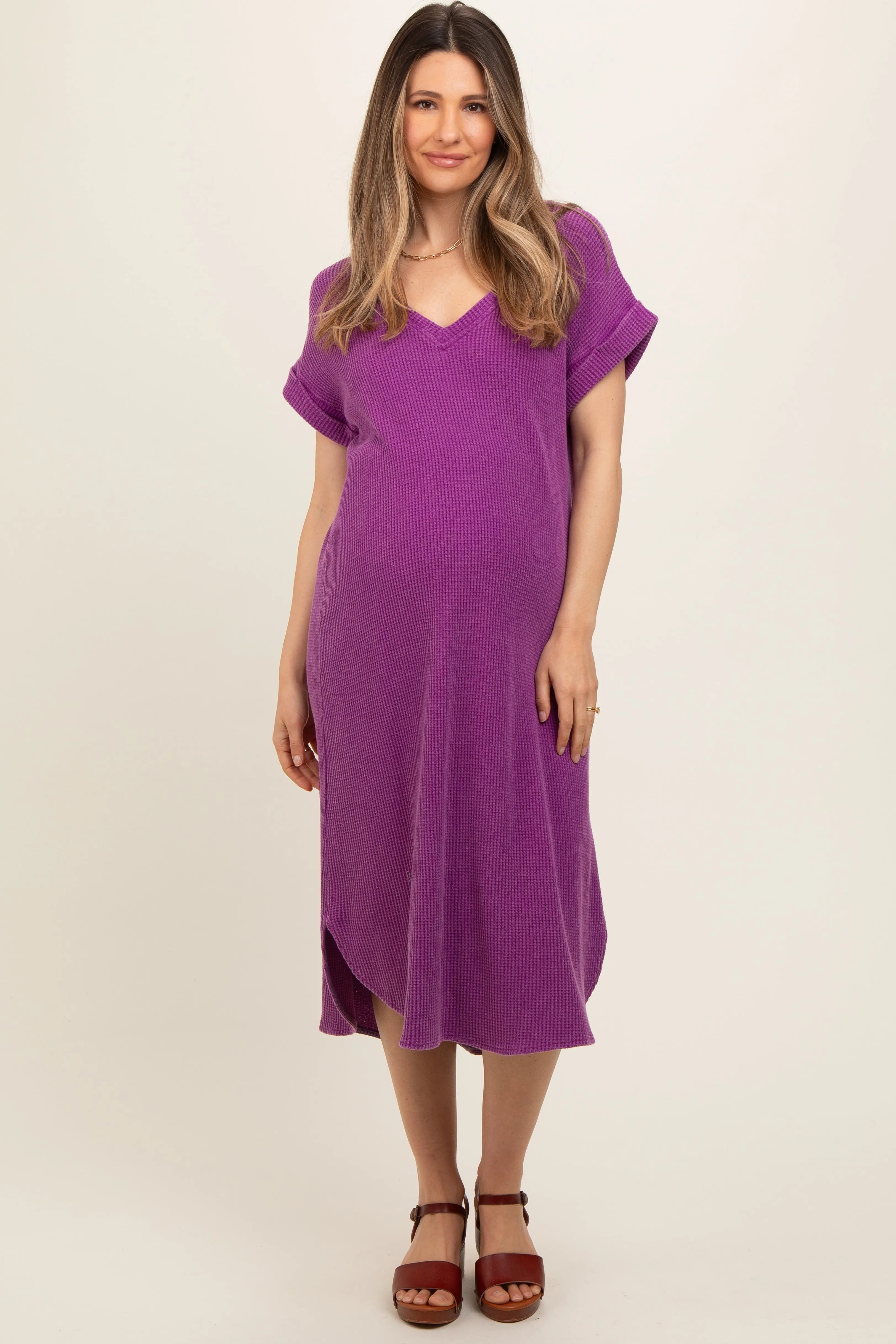 Purple Waffle Knit Short Sleeve Maternity Dress PinkBlush