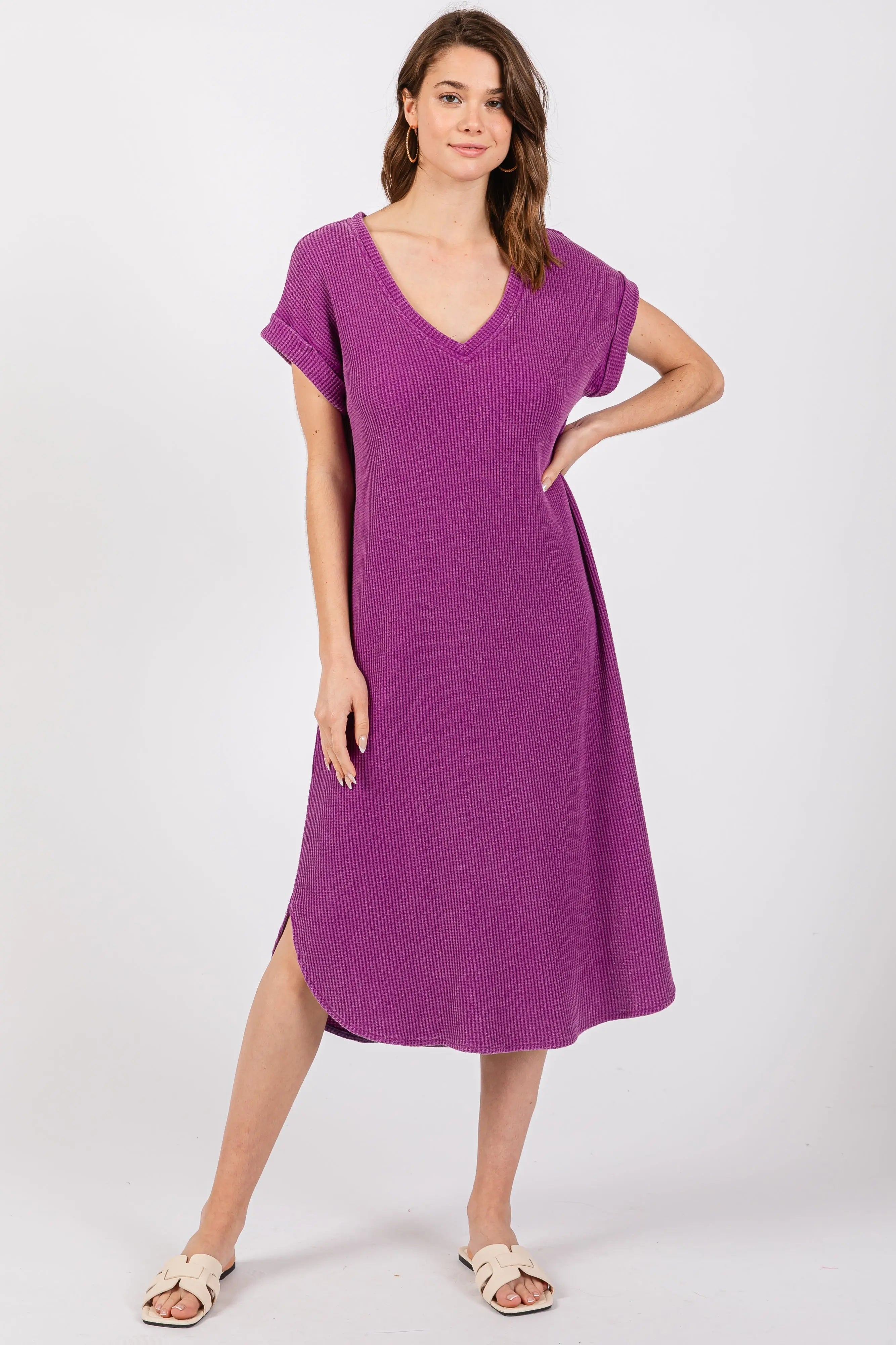 Purple Waffle Knit Short Sleeve Maternity Dress PinkBlush