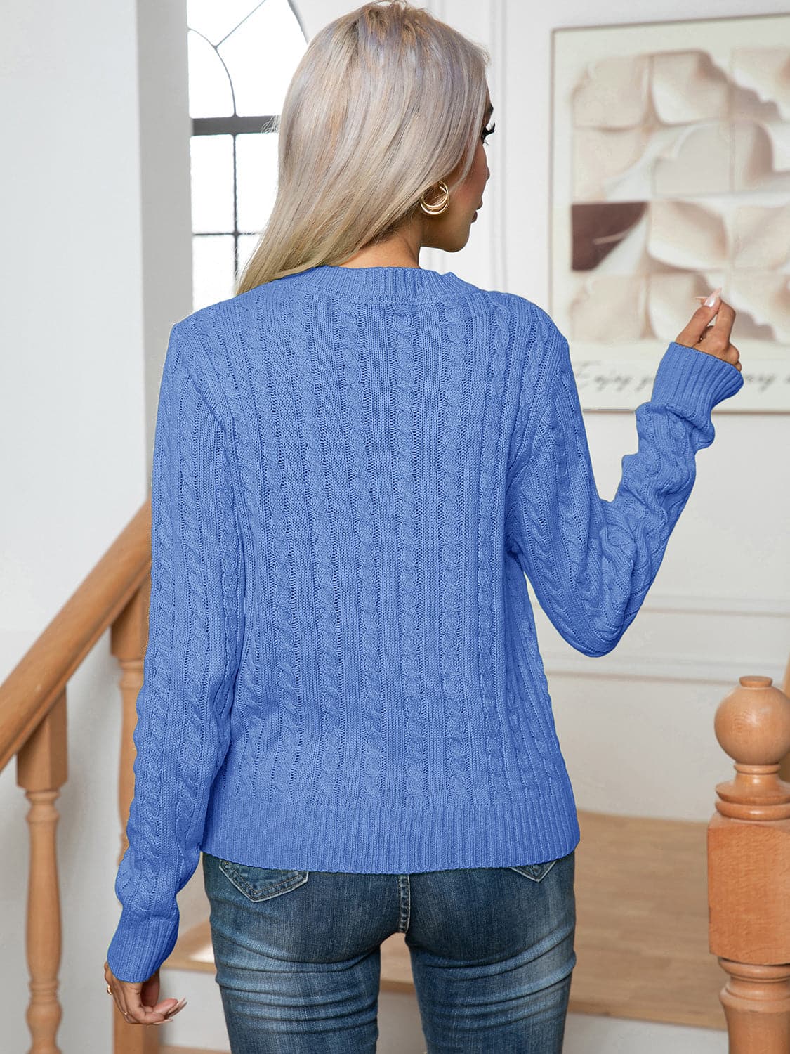 Cable-Knit Round Neck Long Sleeve Sweater.