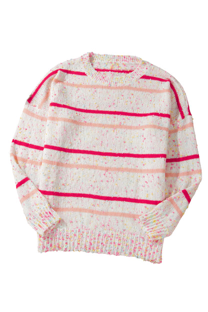 Chic pink stripe plus size drop shoulder sweater with side split