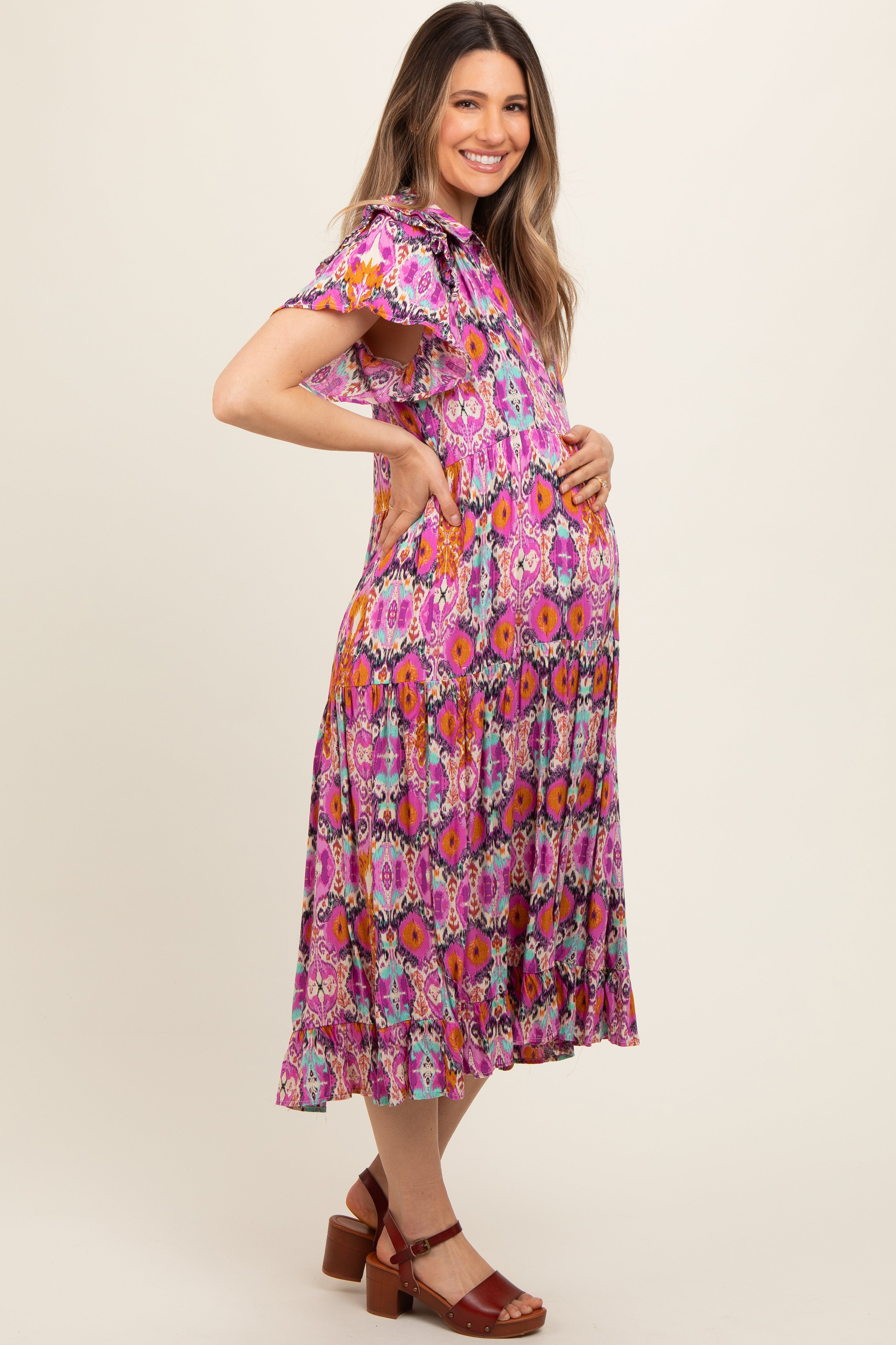 PinkBlush Magenta Print Ruffle Accent Maternity Midi Dress - Alternate Angle