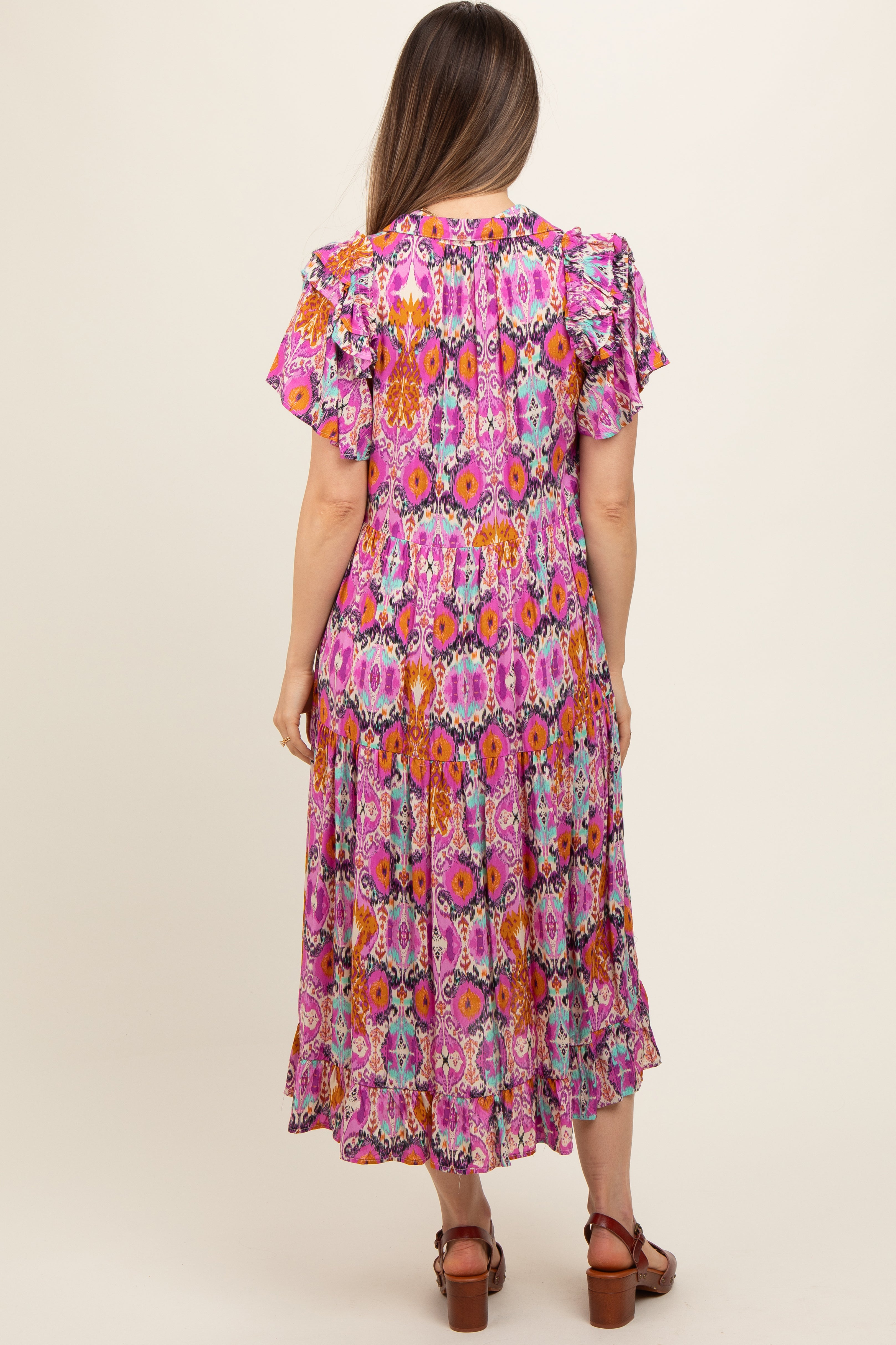 PinkBlush Magenta Print Ruffle Accent Maternity Midi Dress - Detail View