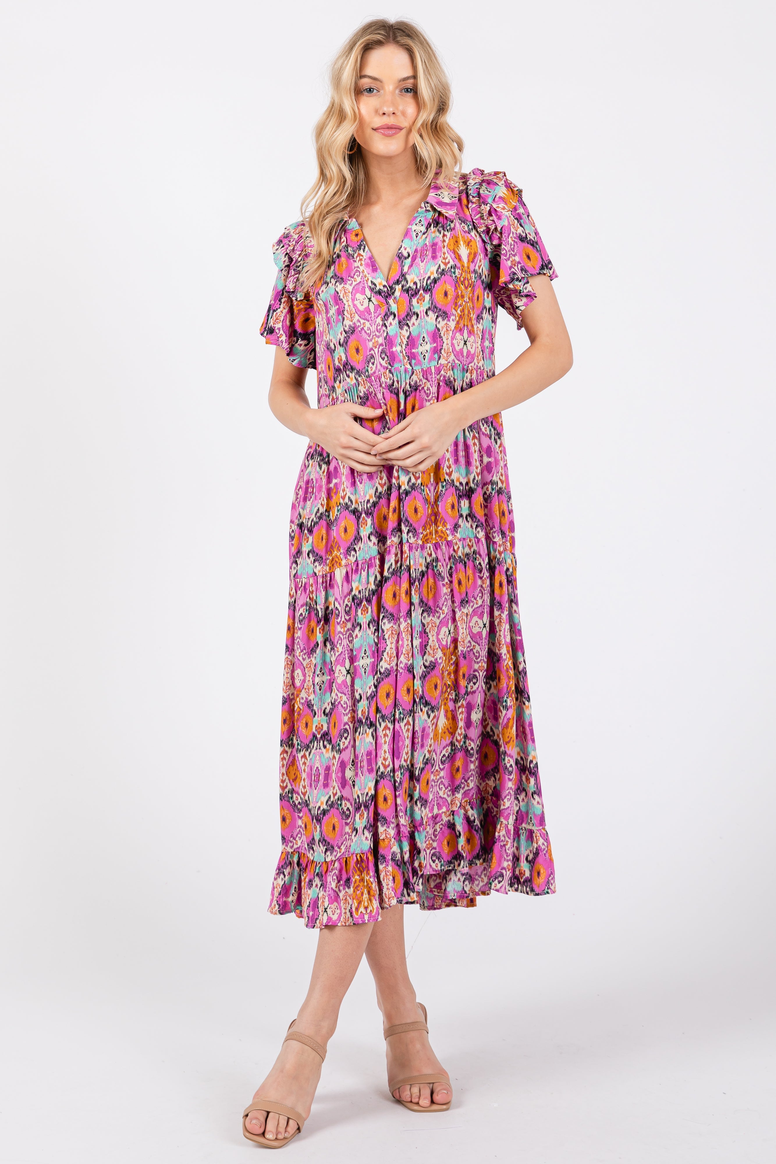 PinkBlush Magenta Print Ruffle Accent Maternity Midi Dress - Close Up