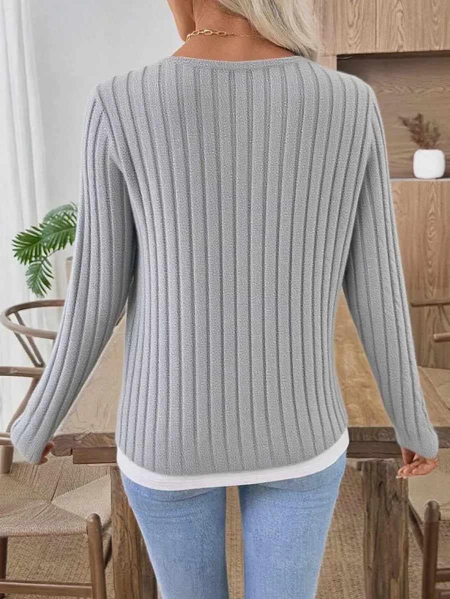 Ribbed Knit Long Sleeve Fake Two Piece T Shirt With Decorative Buttons Simply Love