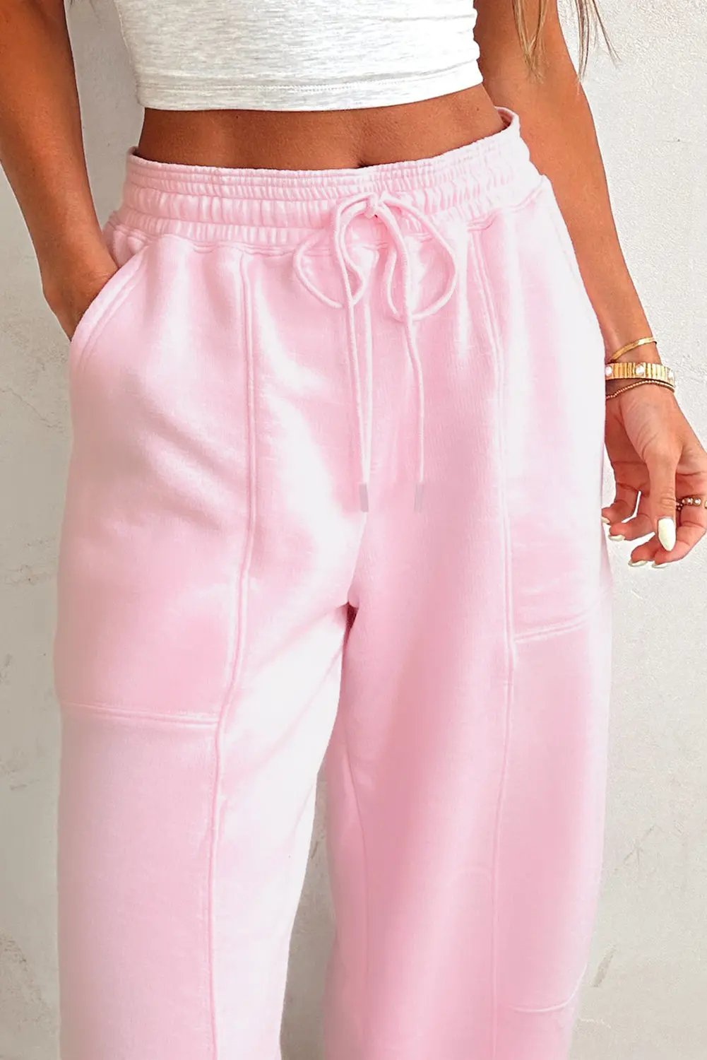 Light Pink Drawstring Waist Patchwork Solid Color Jogger Pants Love Salve