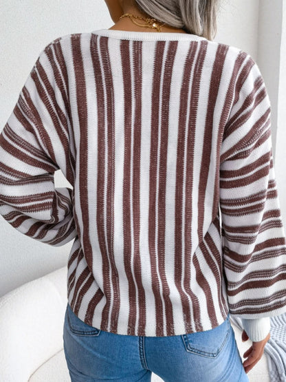 Lace-up striped long sleeve sweater