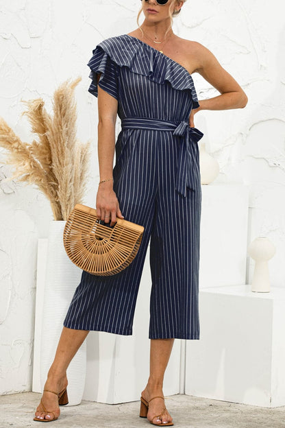 Ruffled Single Shoulder Tie Waist Jumpsuit.