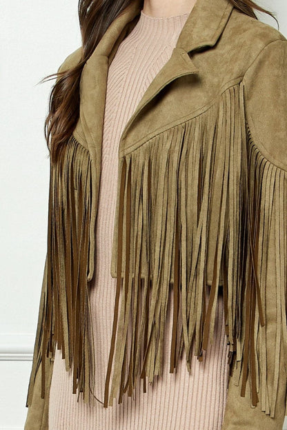 Veveret Suede Fringe Long Sleeve Moto Jacket.