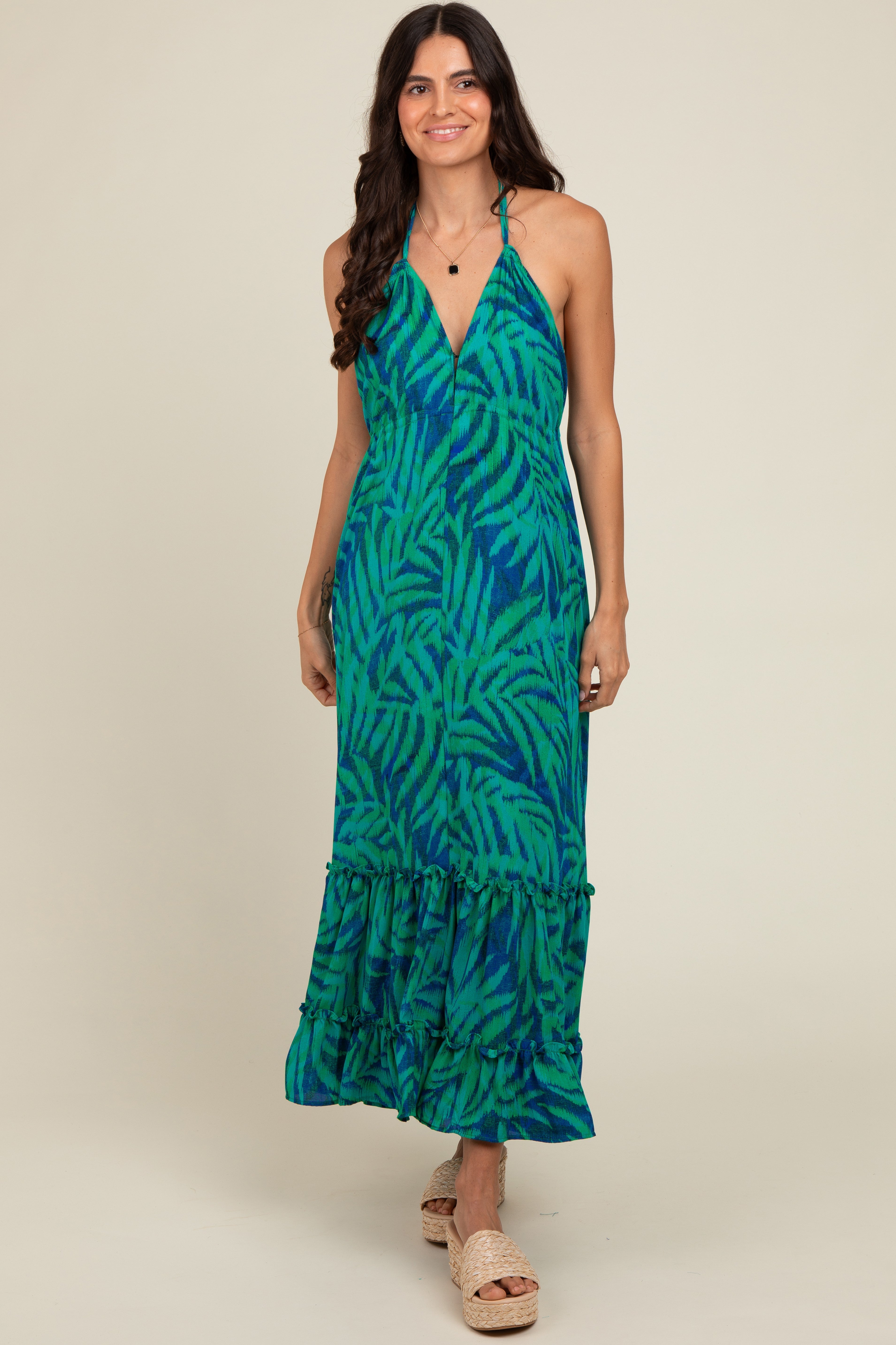 Green Leaf Print Halter Maternity Maxi Dress PinkBlush