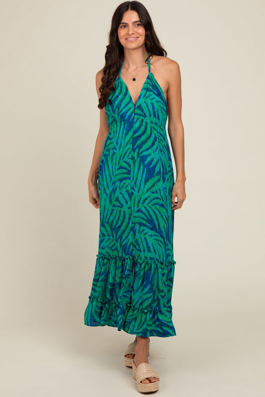 Green Leaf Print Halter Maternity Maxi Dress PinkBlush
