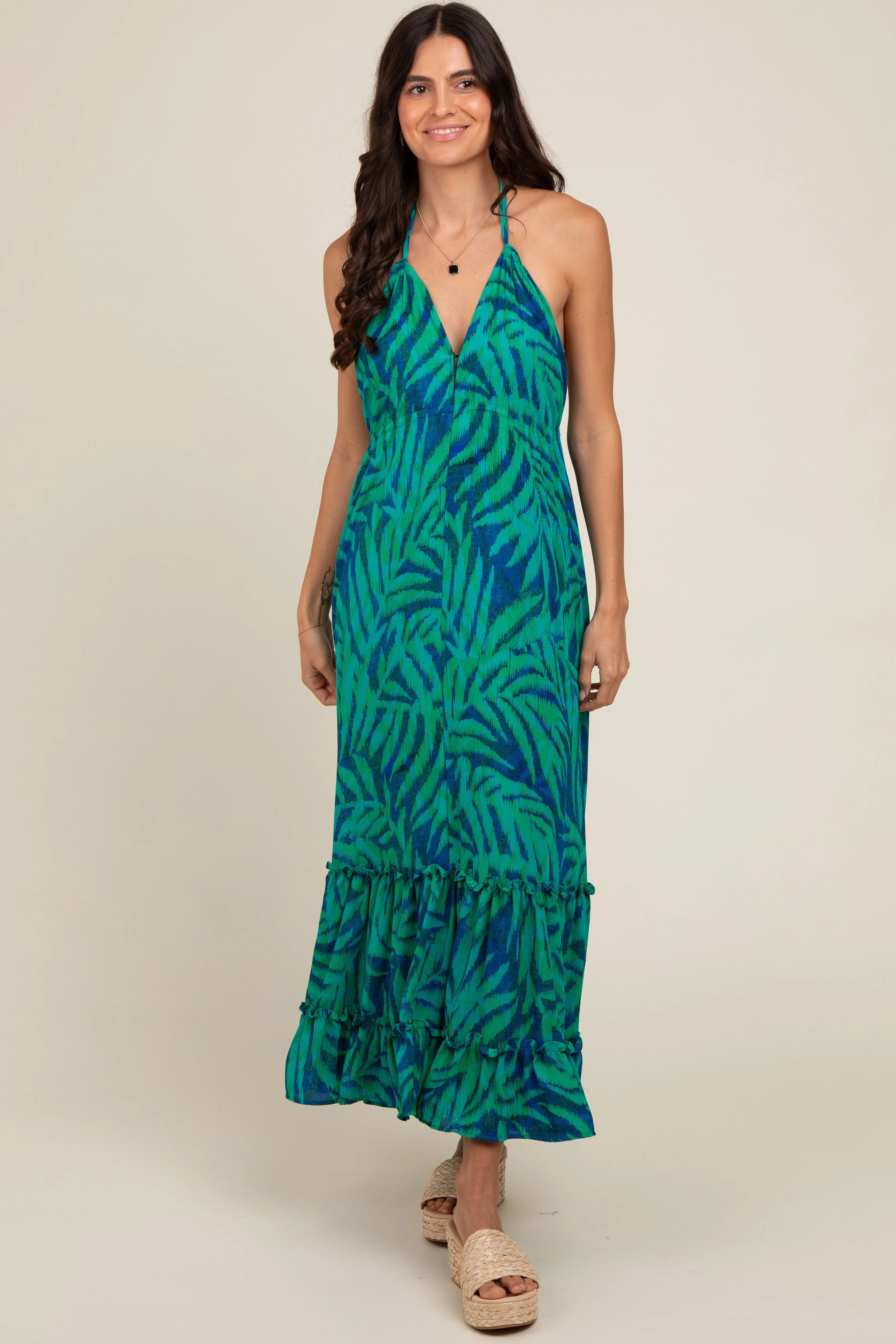 Green Leaf Print Halter Maternity Maxi Dress PinkBlush