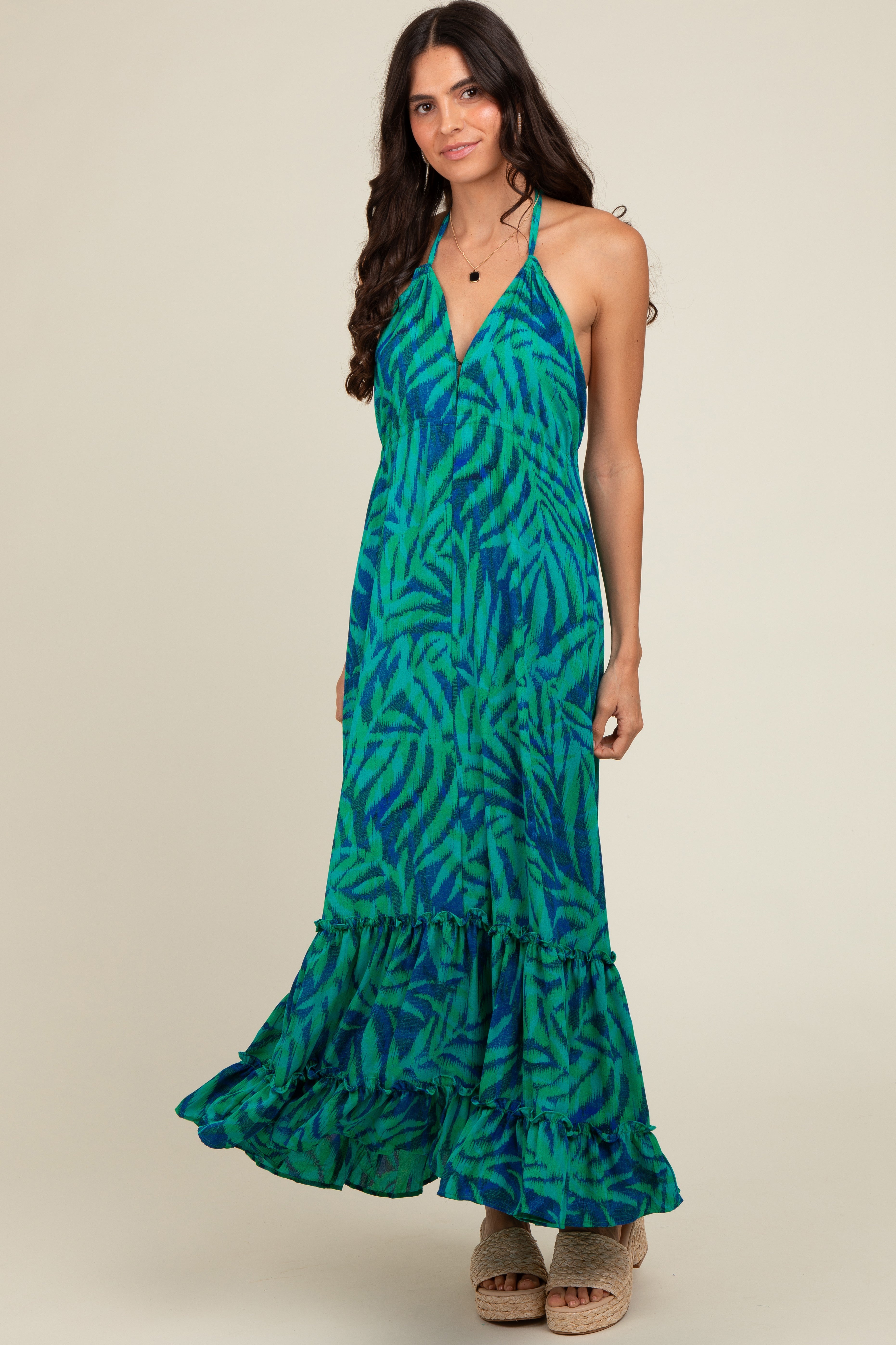 Green Leaf Print Halter Maternity Maxi Dress PinkBlush