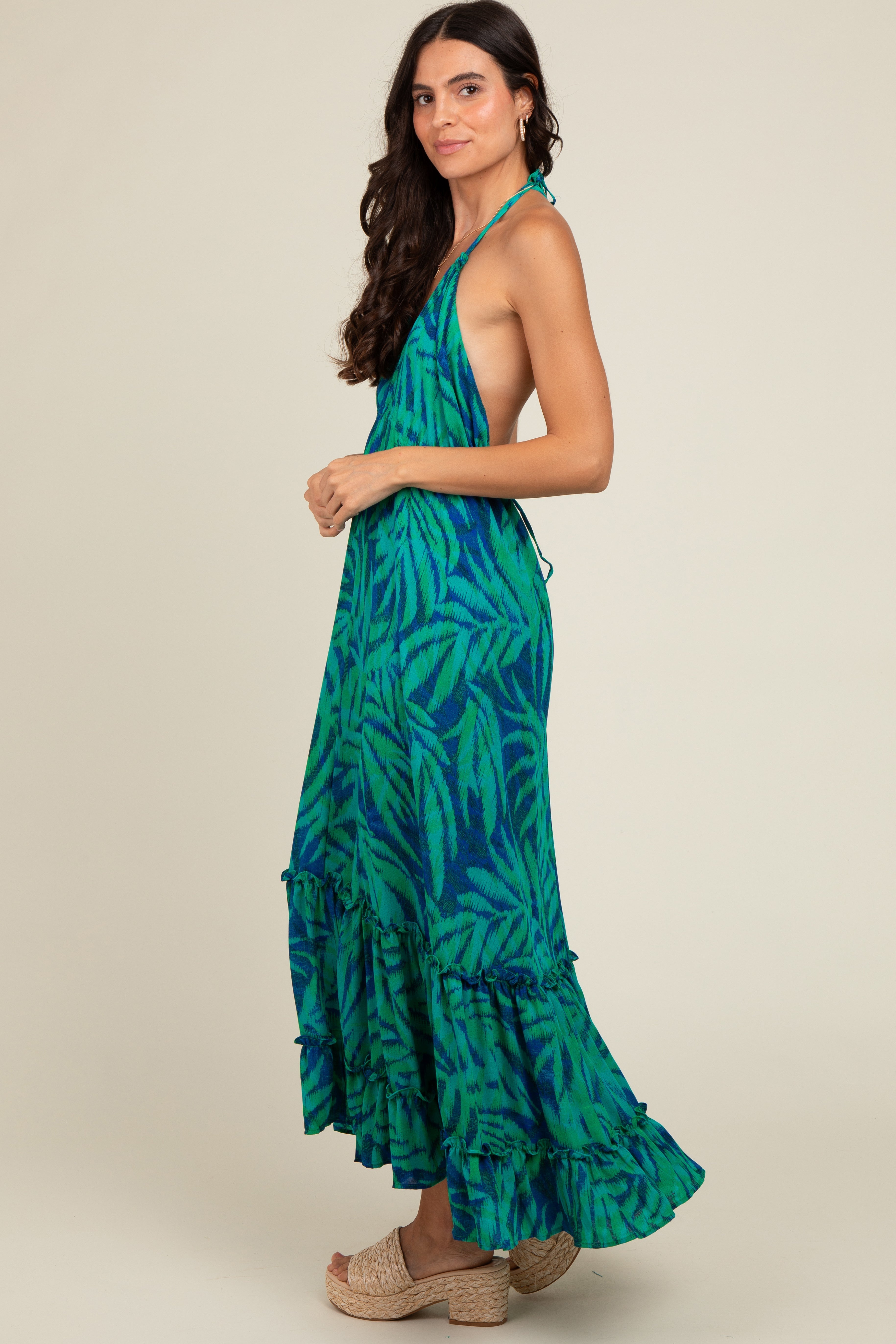 Green Leaf Print Halter Maternity Maxi Dress PinkBlush