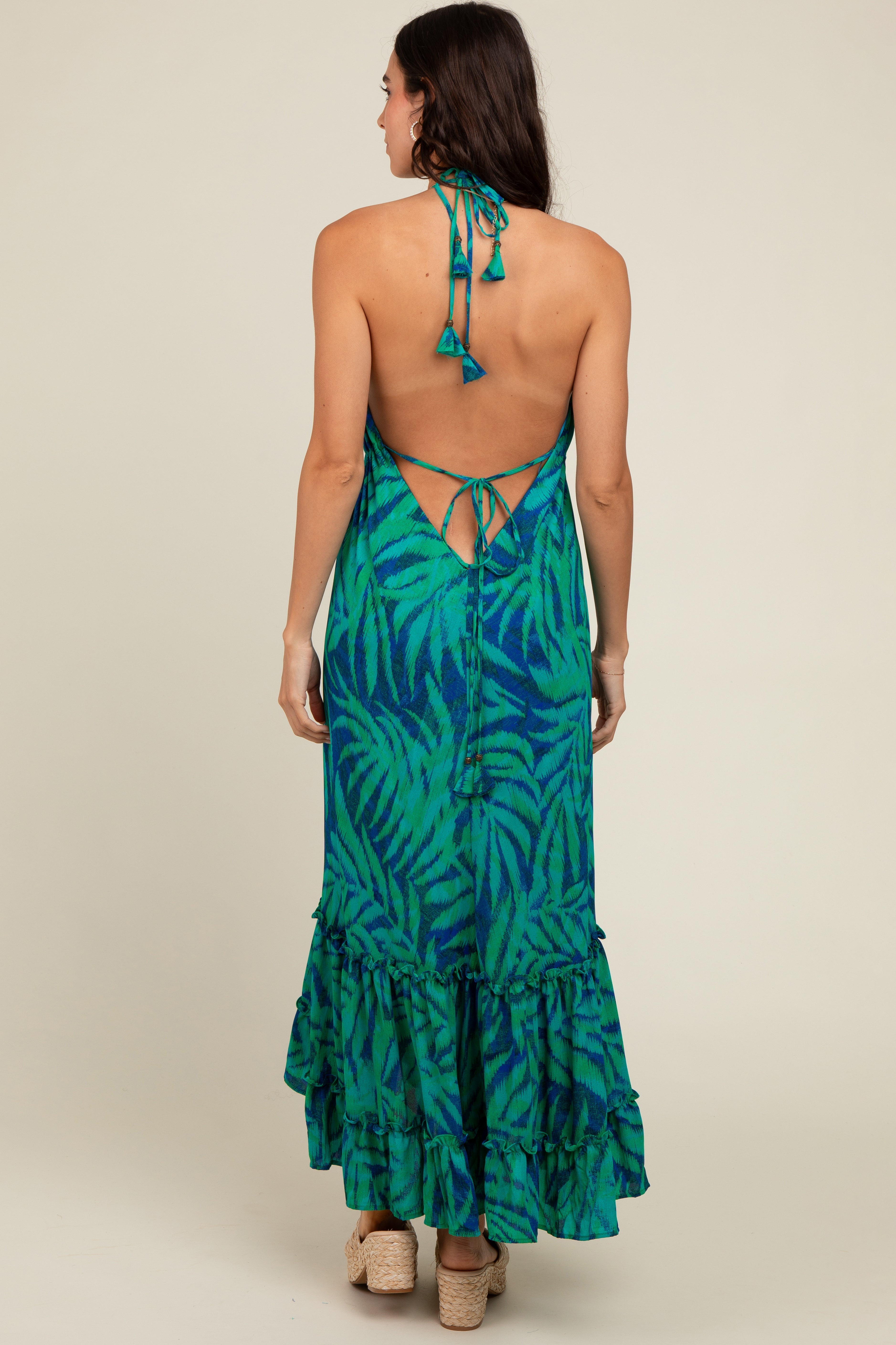 Green Leaf Print Halter Maternity Maxi Dress PinkBlush