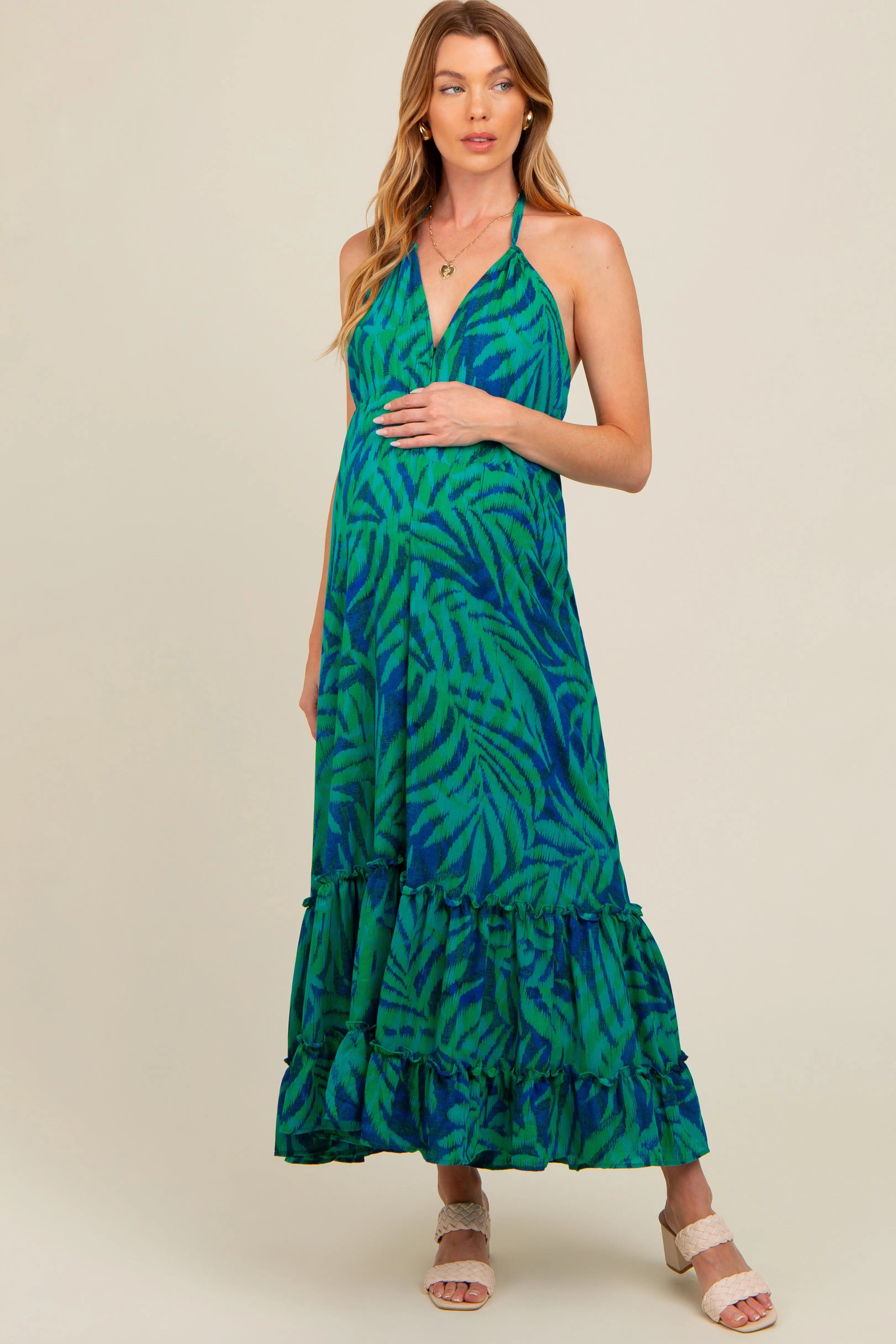 Green Leaf Print Halter Maternity Maxi Dress PinkBlush