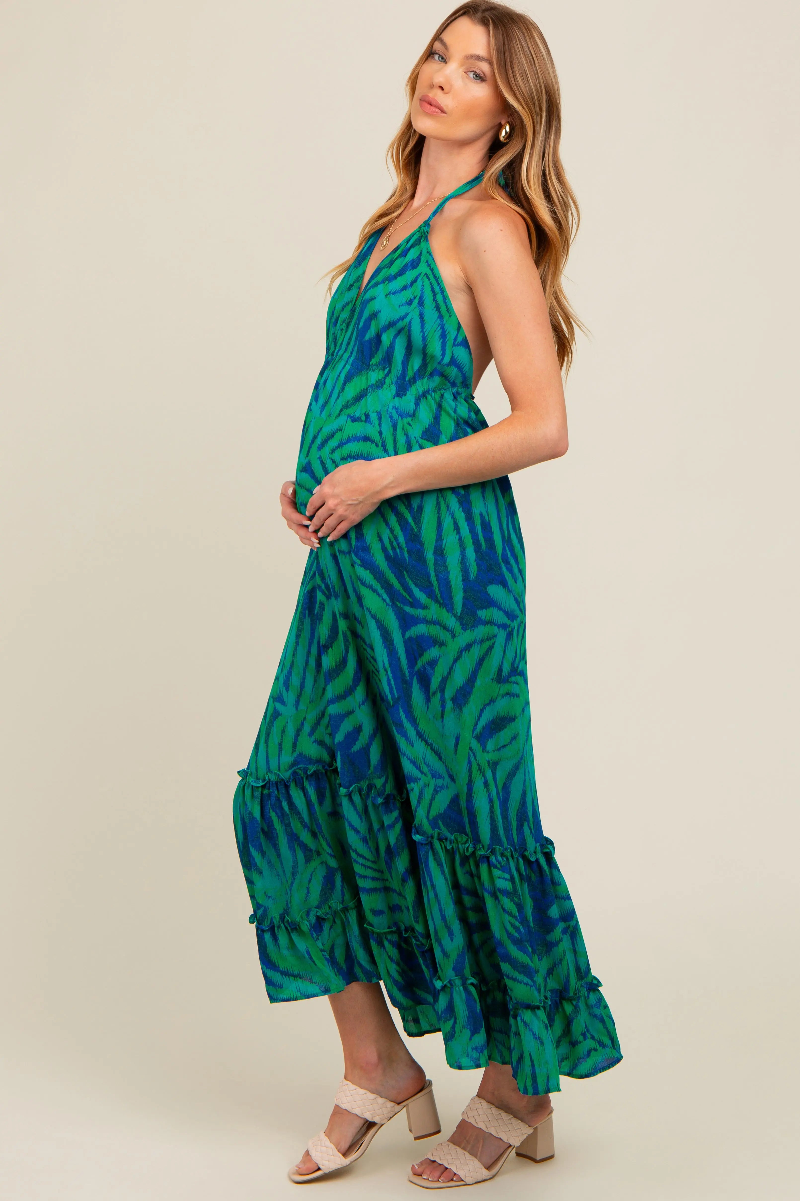 Green Leaf Print Halter Maternity Maxi Dress PinkBlush