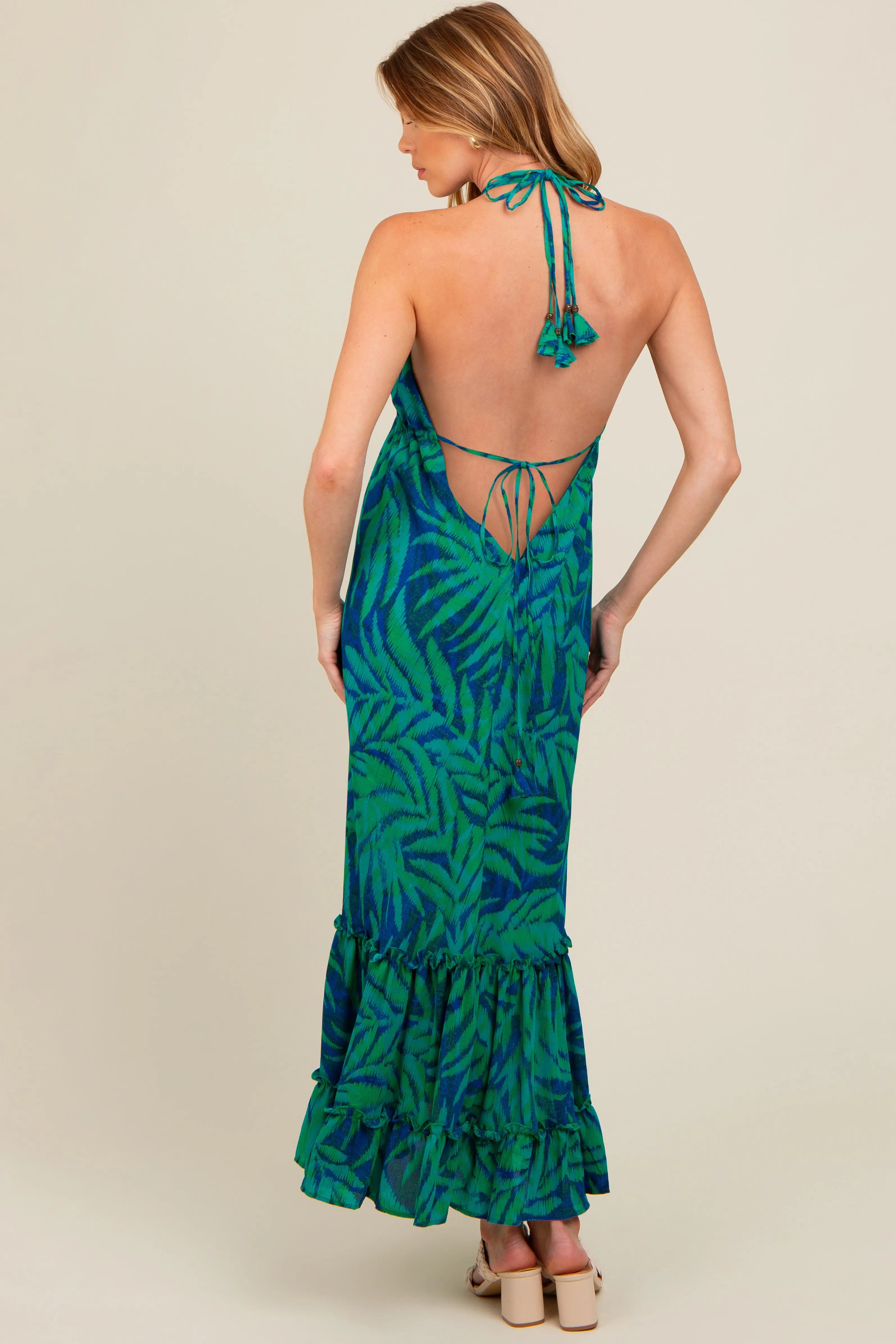 Green Leaf Print Halter Maternity Maxi Dress PinkBlush