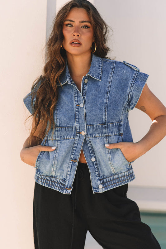 Love Salve  Ashleigh Blue Acid Wash Elastic Hem Button Up Love Salve