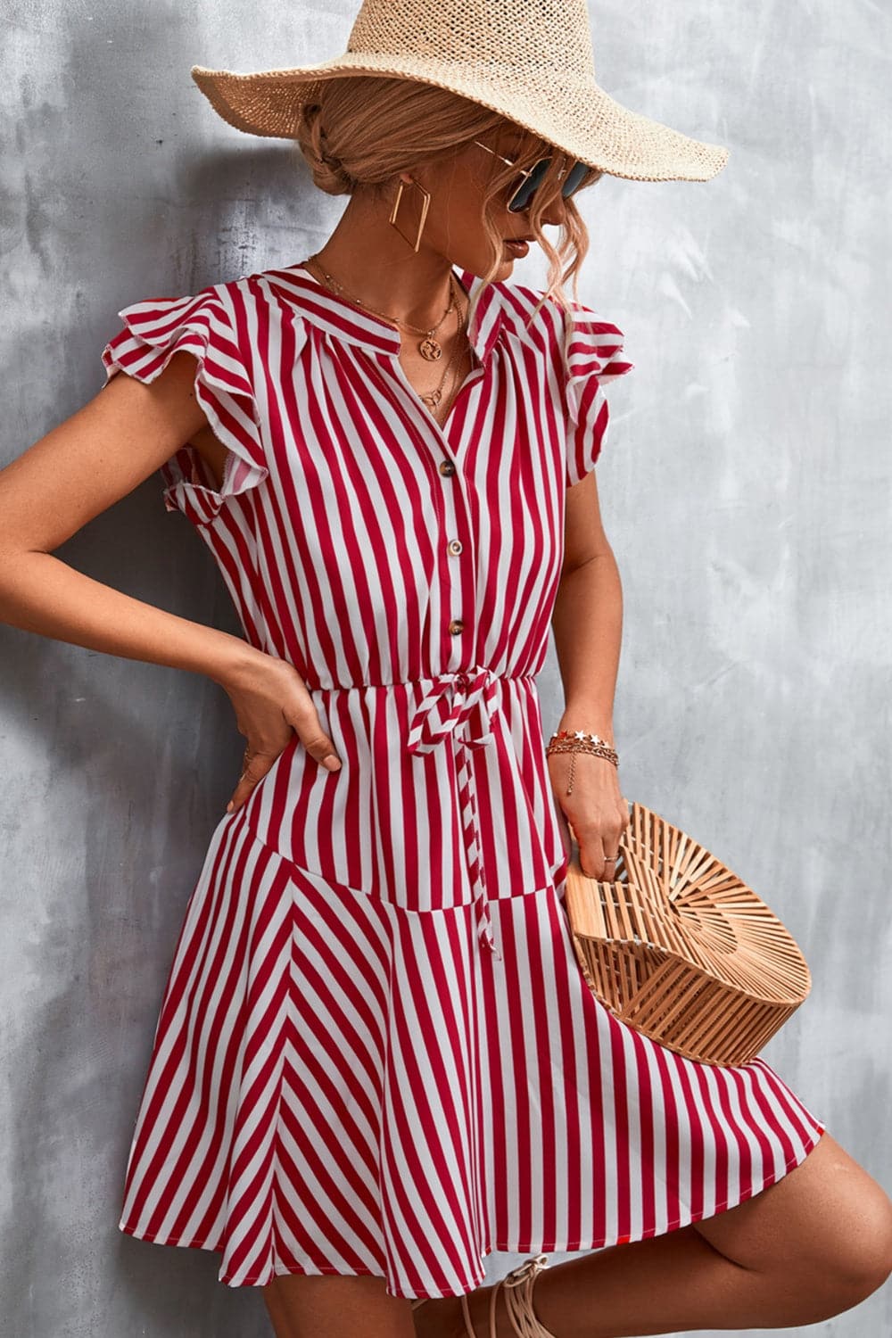 Ruffled Striped Cap Sleeve Mini Dress.