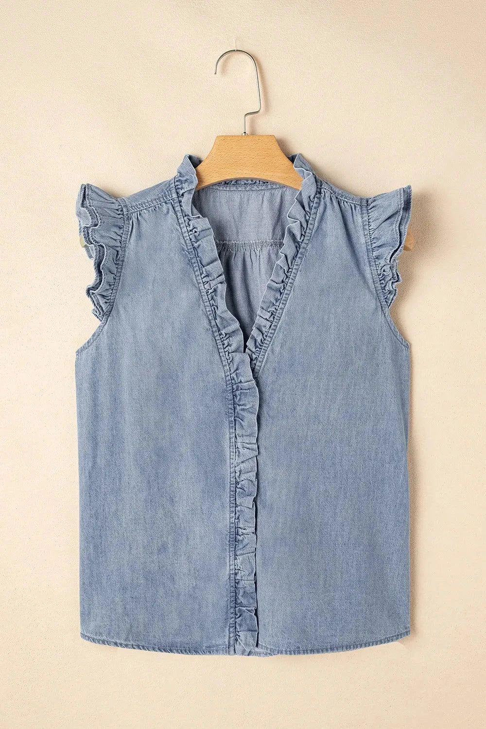 Frilly Ruffle Trim V Neck Chambray Tank Simply Love