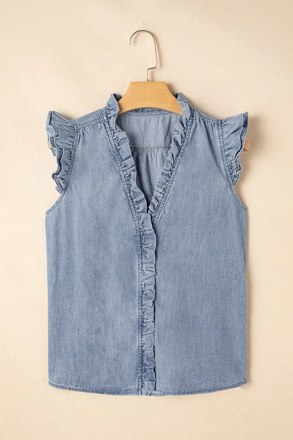 Frilly Ruffle Trim V Neck Chambray Tank