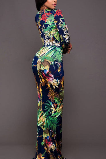 Printed Plunge Neck Leg Split Maxi Dress.