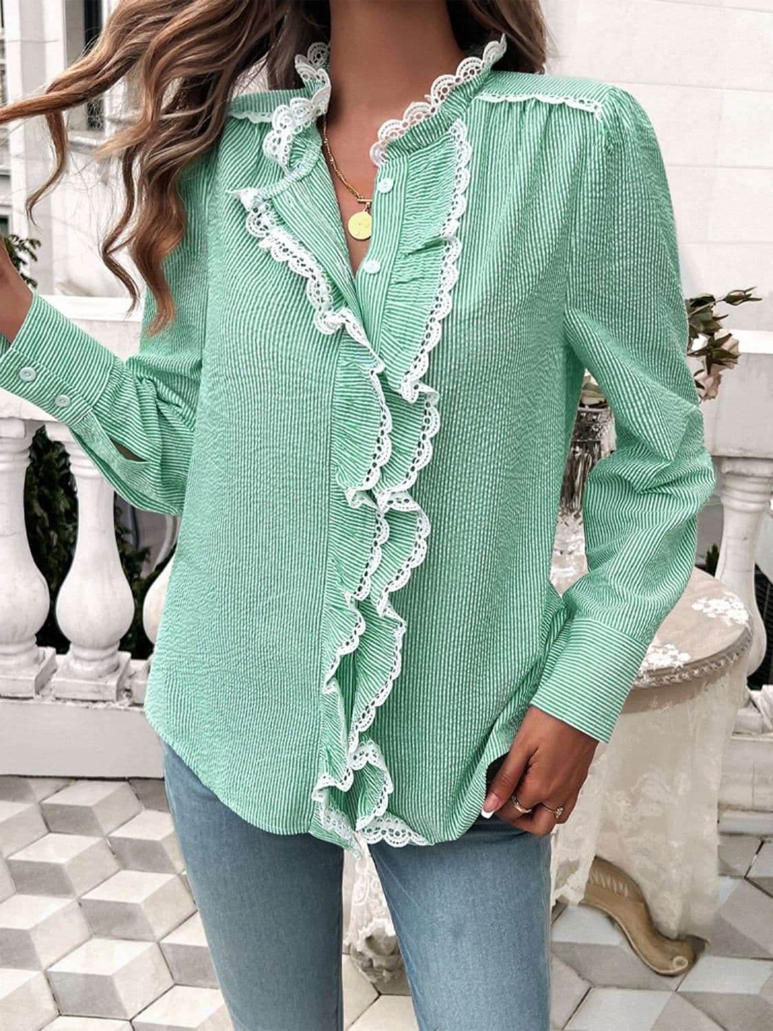 Lace Detail Ruffled Round Neck Long Sleeve Shirt.