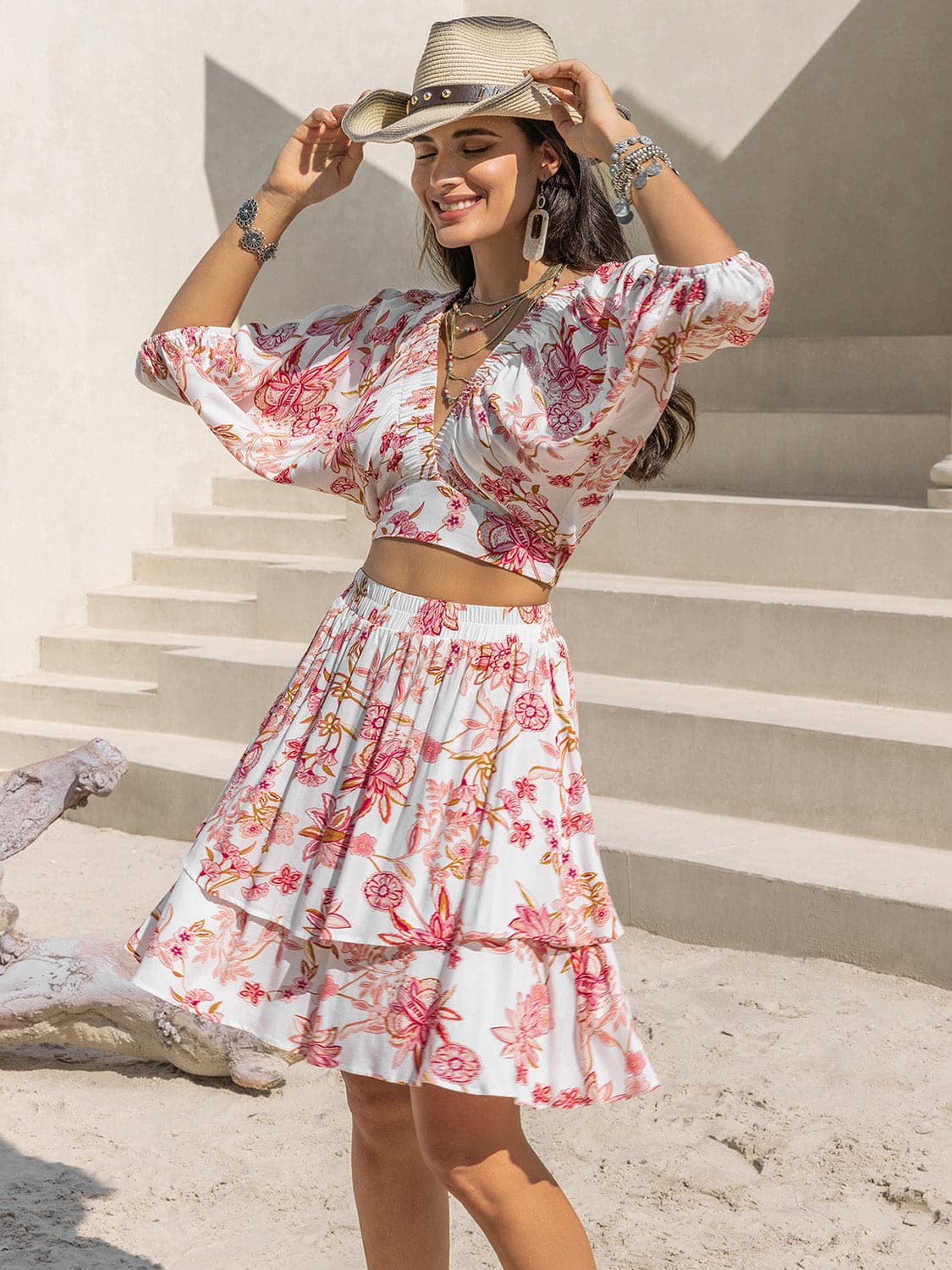 Printed Half Sleeve Top and Layered Skirt Set.