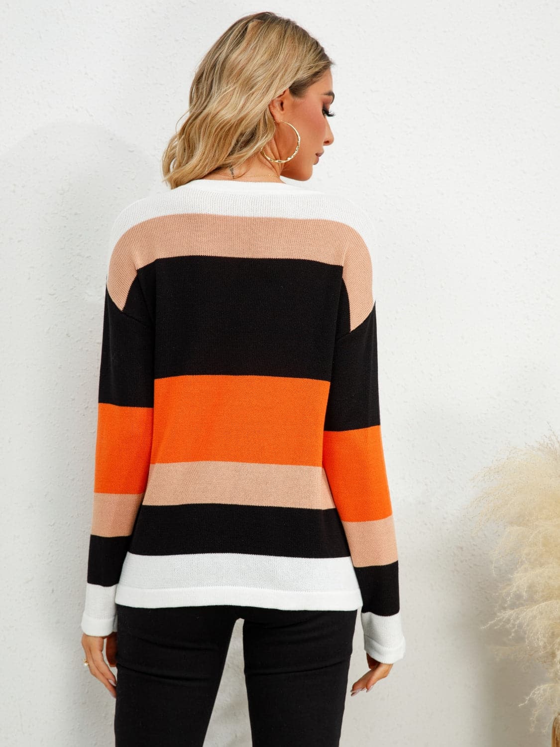 Striped Round Neck Dropped Shoulder Sweater.