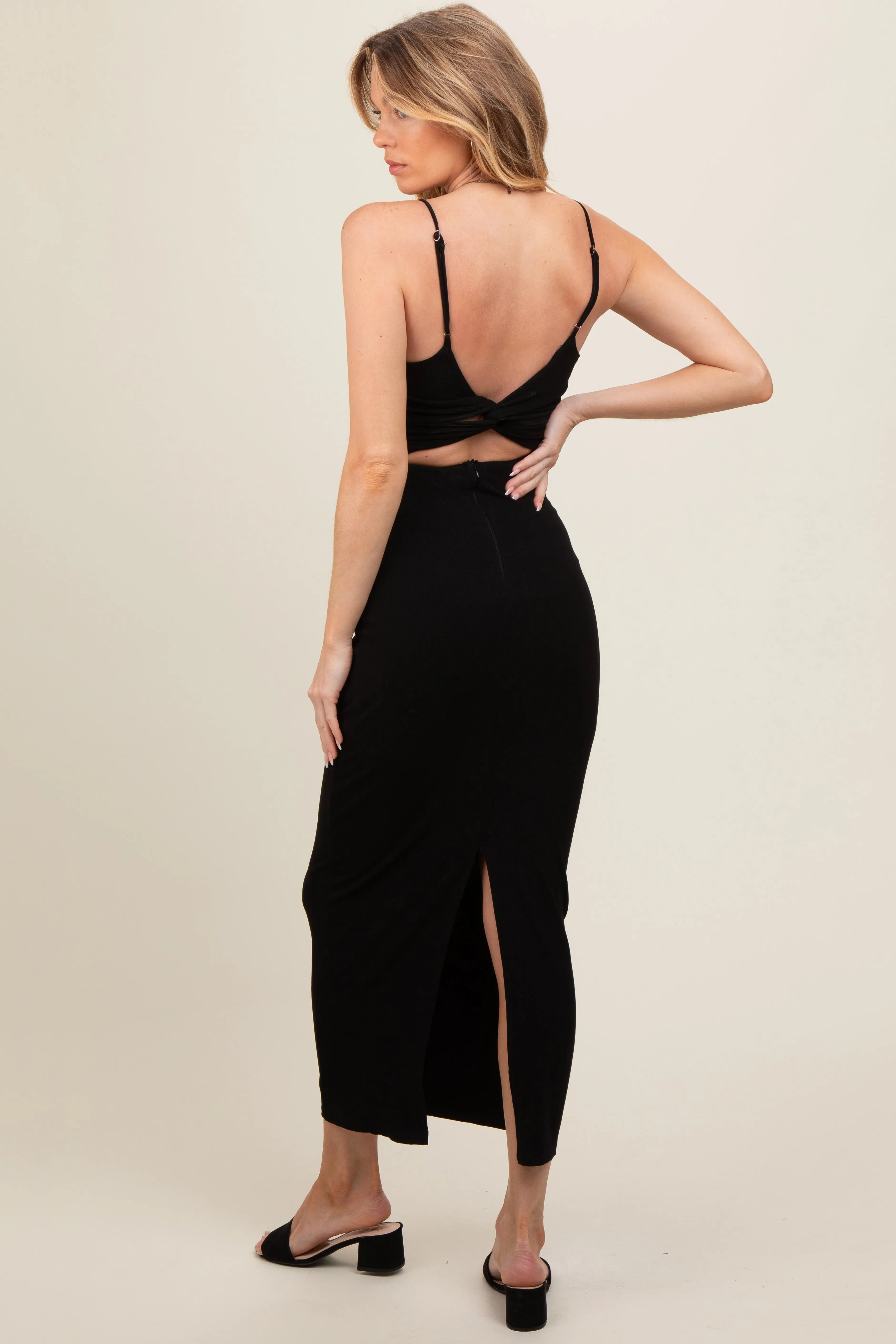Black Lace Trim Back Twist Maternity Dress PinkBlush