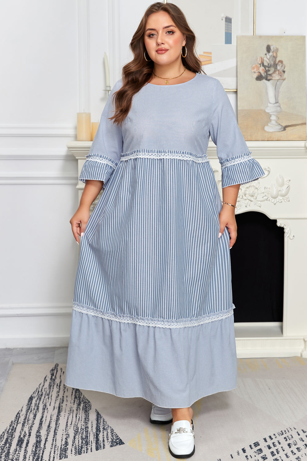 Sky Blue Stripe Crisscross Lace Patchwork Plus Size Dress