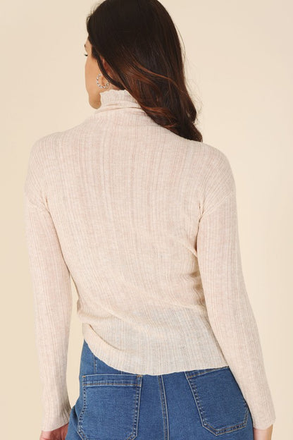 Chic wool blend mock neck sheer knit sweater