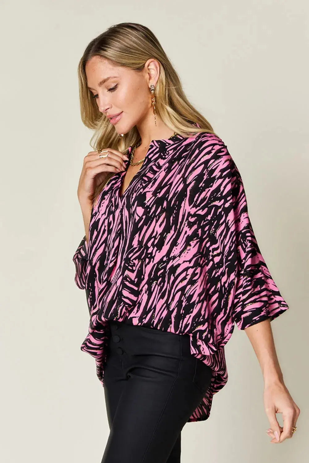 Double Take Full Size Printed Notched Three-Quarter Sleeve Blouse - Love Salve